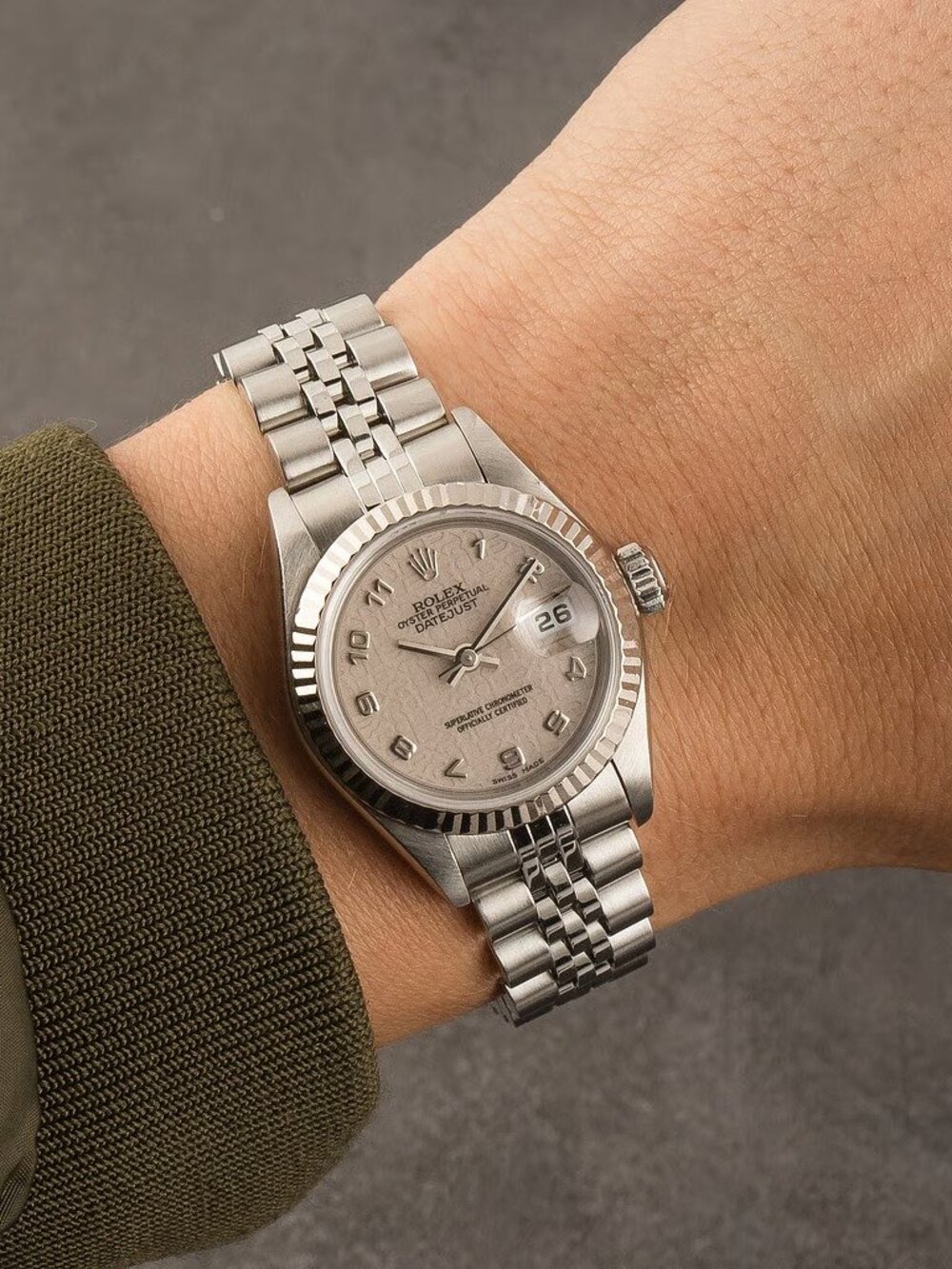 Rolex Ladies 18k Datejust Ivory Jubilee Arabic Dial 26mm Ref 69174